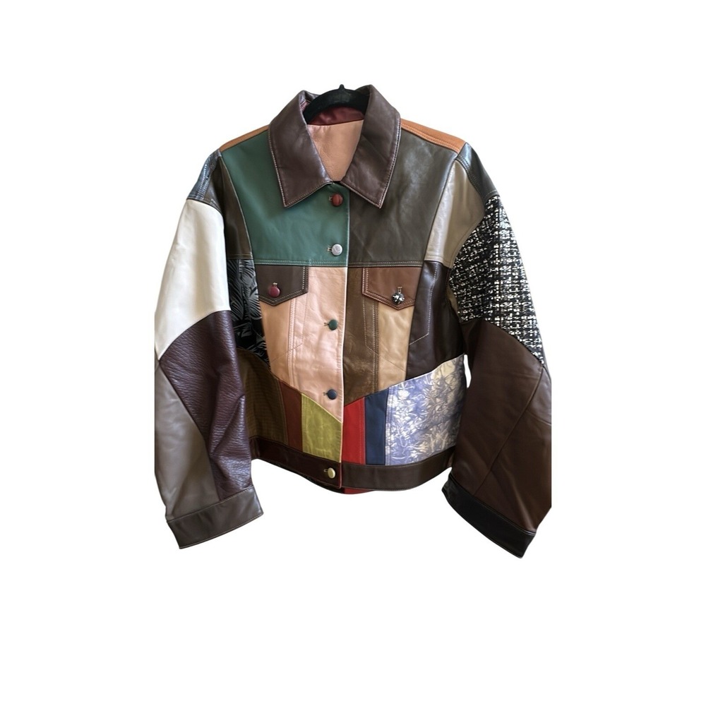 Women's 100% Sheepskin Leather Patchwork Jacket Color Block Designer Style L